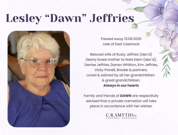 Lesley “Dawn” Jeffries Obituary: East Cessnock Family Mourns Beloved Mother and Grandmother